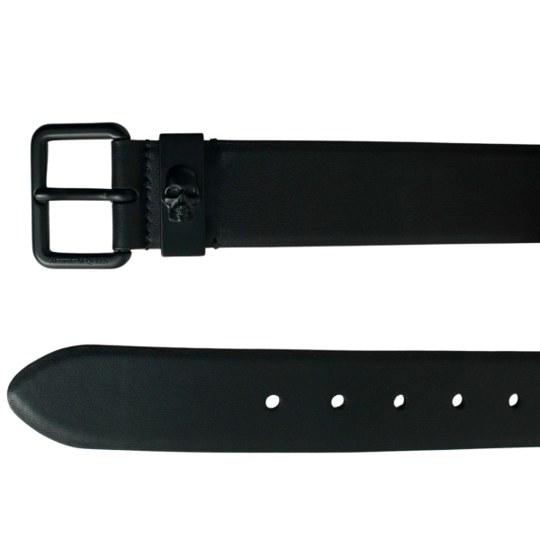 Ceinture ALEXANDER MCQUEEN cuir noir boucle métal noir tête de mort
