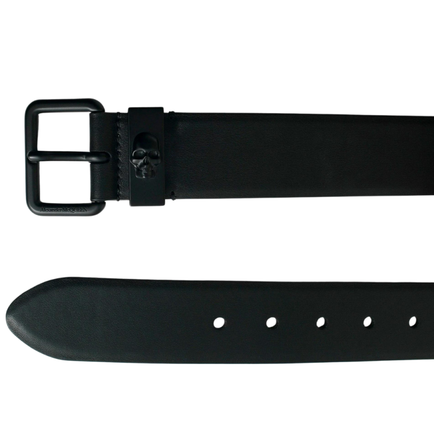 Ceinture ALEXANDER MCQUEEN cuir noir boucle métal noir tête de mort