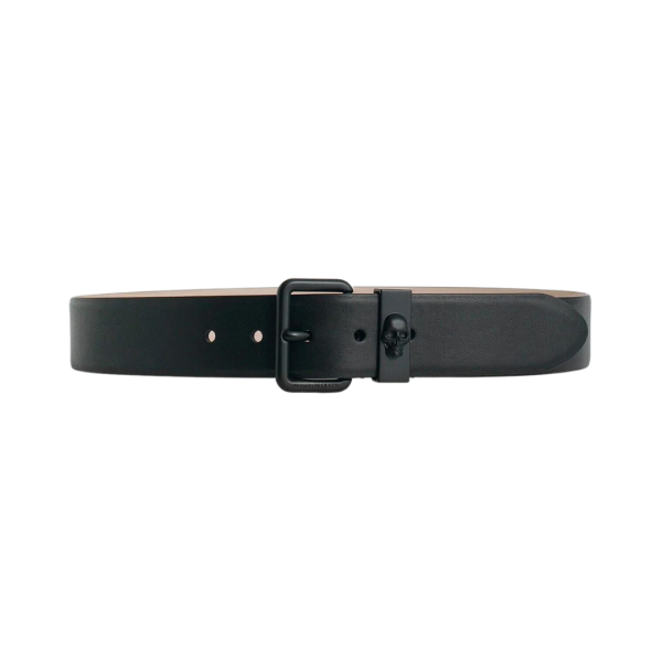 Ceinture ALEXANDER MCQUEEN cuir noir boucle métal noir tête de mort