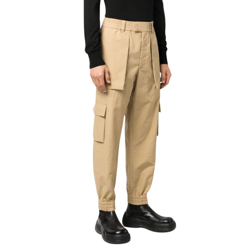 Pantalon ALEXANDER MCQUEEN cargo voile coton beige taille bas élastique poches