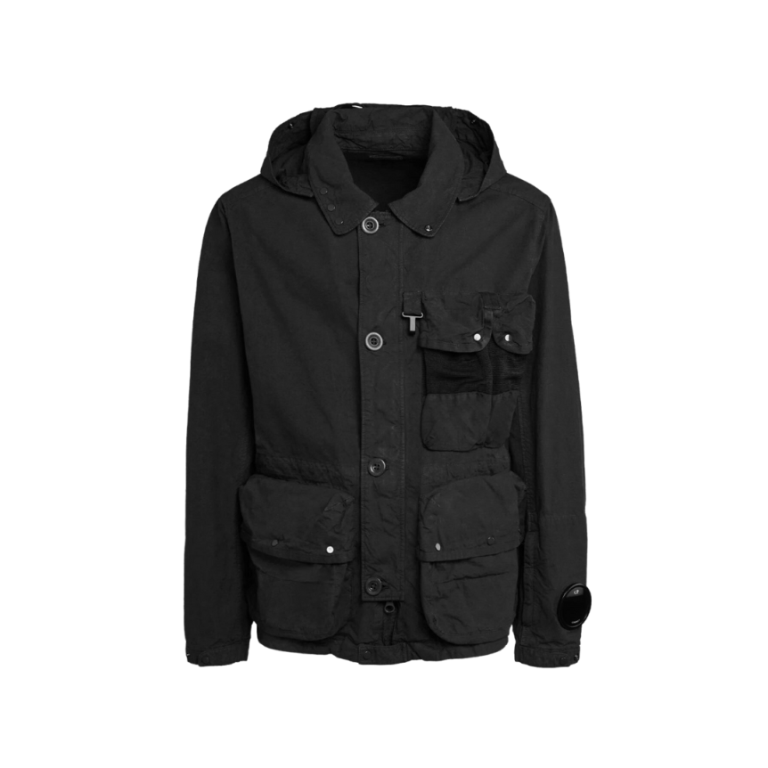 Veste duvet CP COMPANY coton noir DD Shell multipoche lunettes capuche
