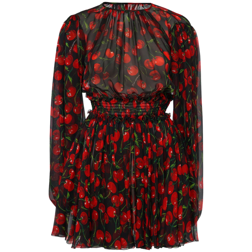Robe courte DOLCE & GABBANA mousseline soie noire imprimé cerises rouge
