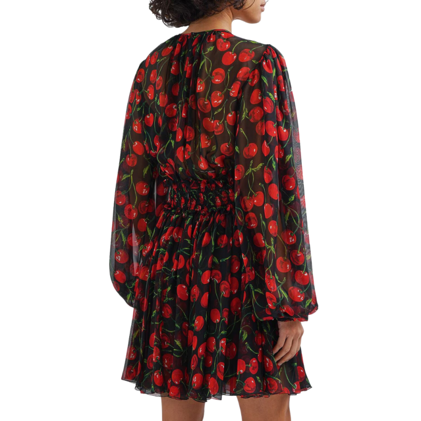 Robe courte DOLCE & GABBANA mousseline soie noire imprimé cerises rouge