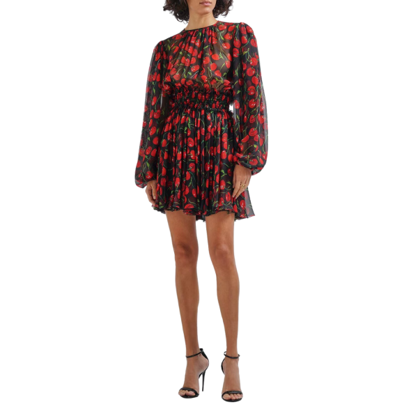 Robe courte DOLCE & GABBANA mousseline soie noire imprimé cerises rouge