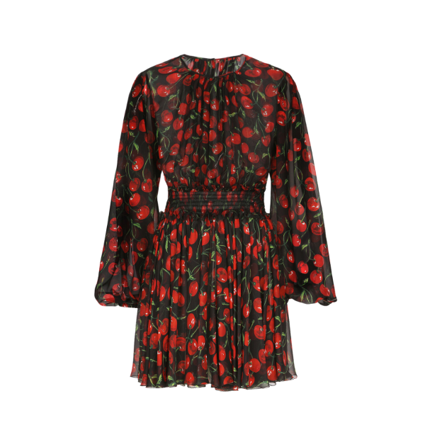 Robe courte DOLCE & GABBANA mousseline soie noire imprimé cerises rouge