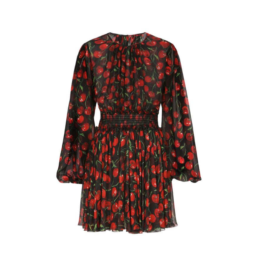 Robe courte DOLCE & GABBANA mousseline soie noire imprimé cerises rouge