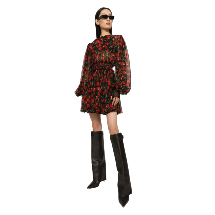 Robe courte DOLCE & GABBANA mousseline soie noire imprimé cerises rouge