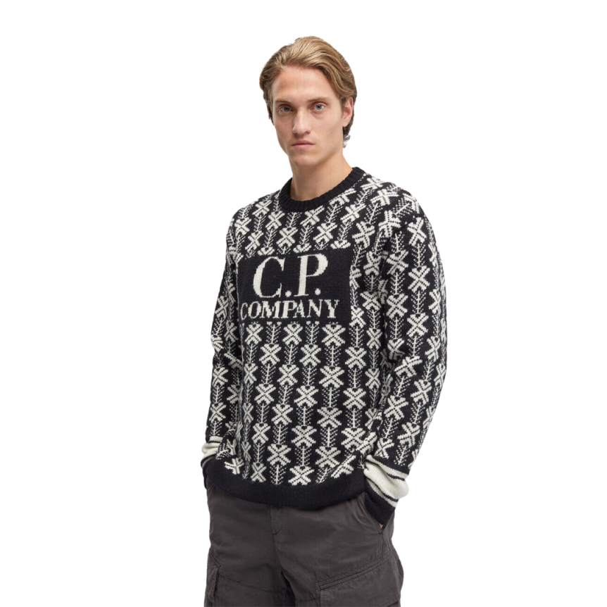 Pull col rond CP COMPANY jacquard de laine noir logo