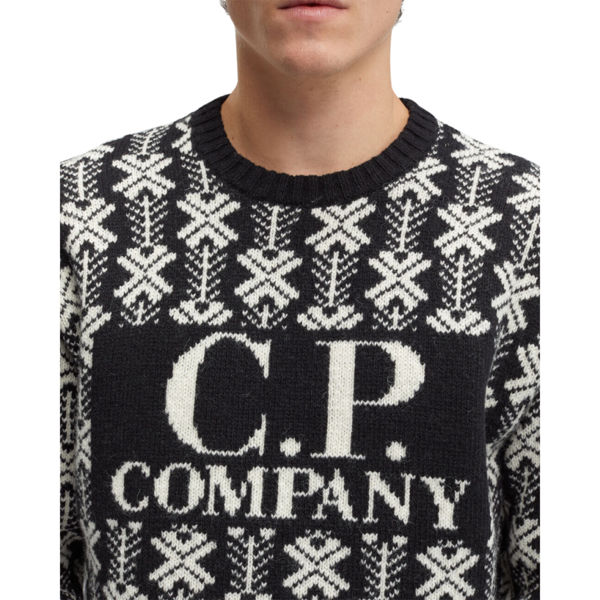 Pull col rond CP COMPANY jacquard de laine noir logo