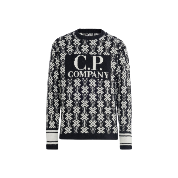 Pull col rond CP COMPANY jacquard de laine noir logo