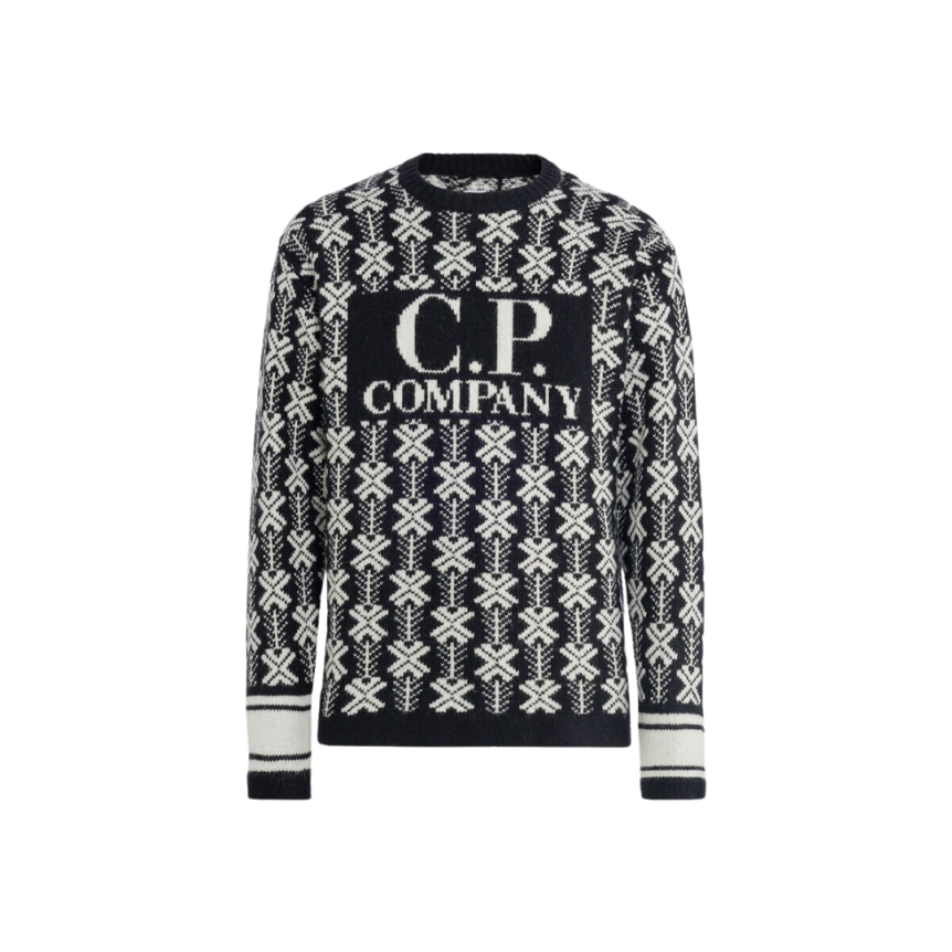 Pull col rond CP COMPANY jacquard de laine noir logo