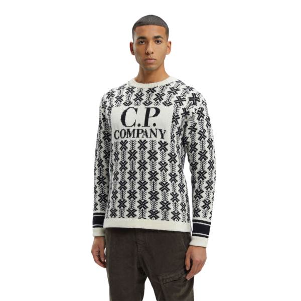 Pull col rond CP COMPANY jacquard de laine blanc logo