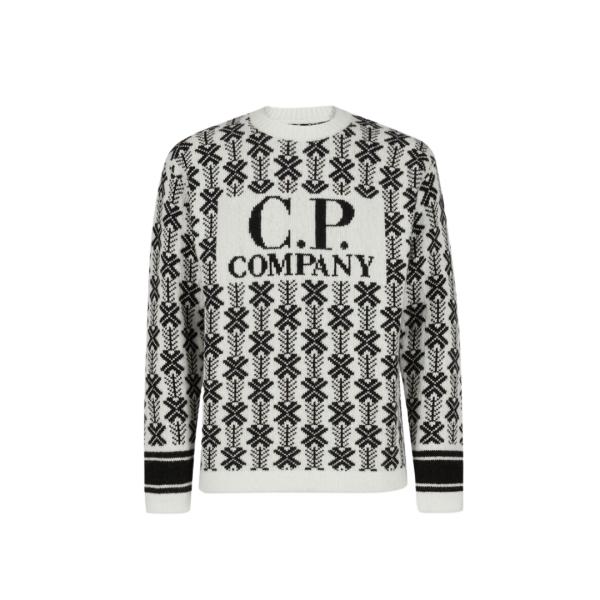 Pull col rond CP COMPANY jacquard de laine blanc logo