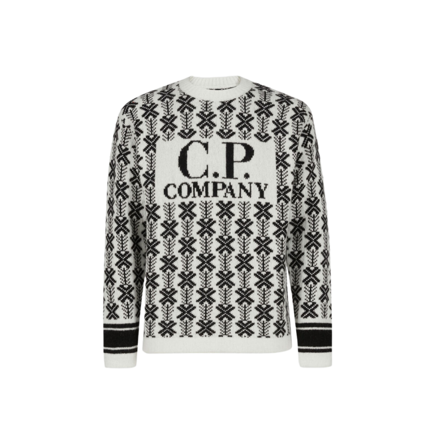 Pull col rond CP COMPANY jacquard de laine blanc logo