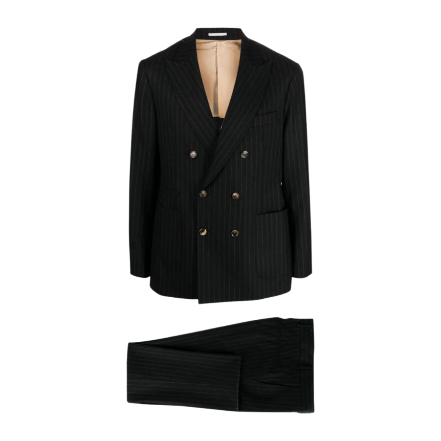 Costume BRUNELLO CUCINELLI croisé laine vierge noire rayures tennis blanc