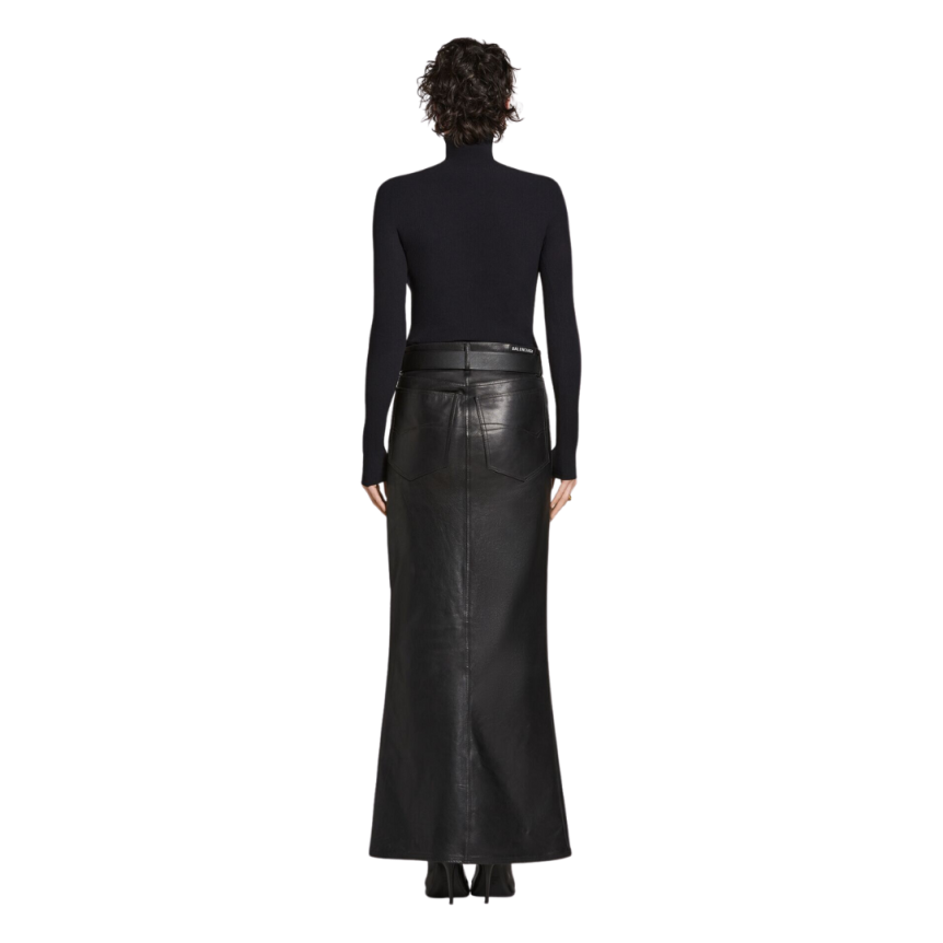 Jupe Maxi BALENCIAGA évasée cuir taureau noir mat