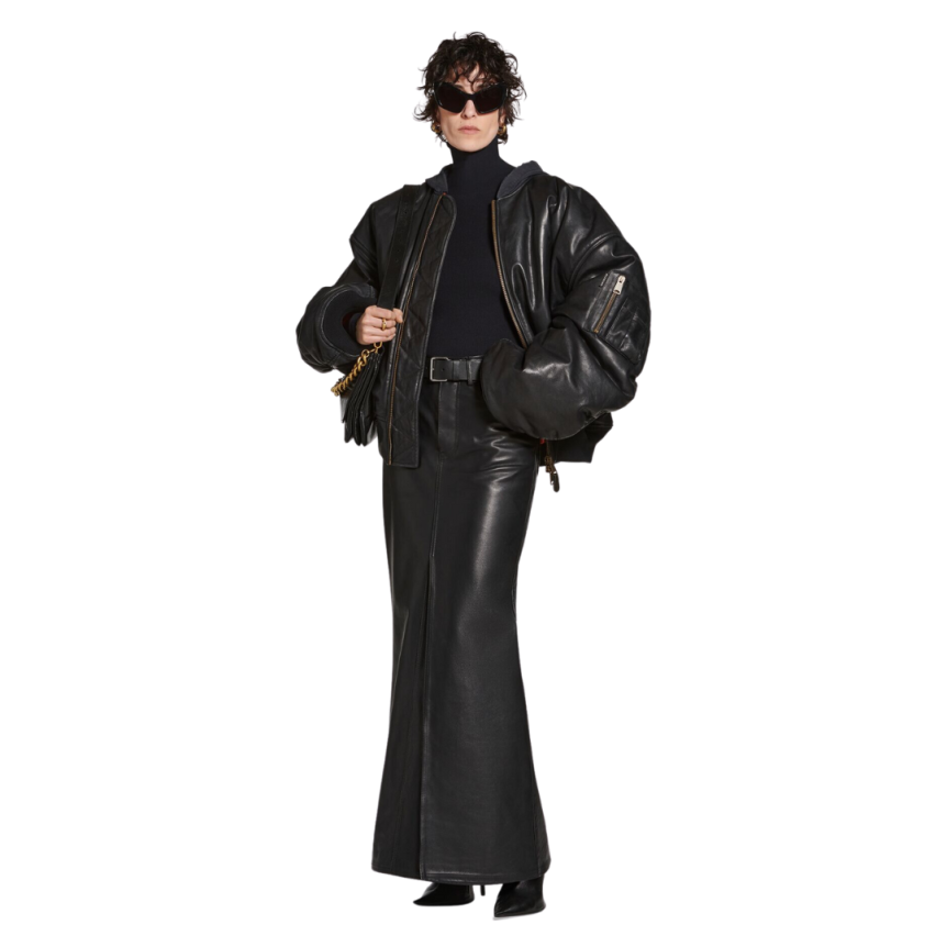 Jupe Maxi BALENCIAGA évasée cuir taureau noir mat