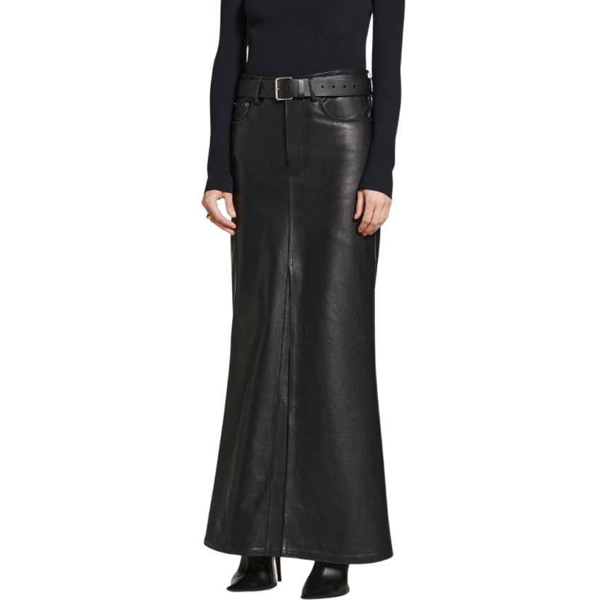 Jupe Maxi BALENCIAGA évasée cuir taureau noir mat