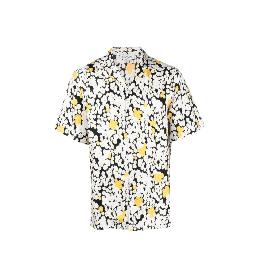 Chemise LANVIN manches courtes soie noire imprimé floral blanc jaune
