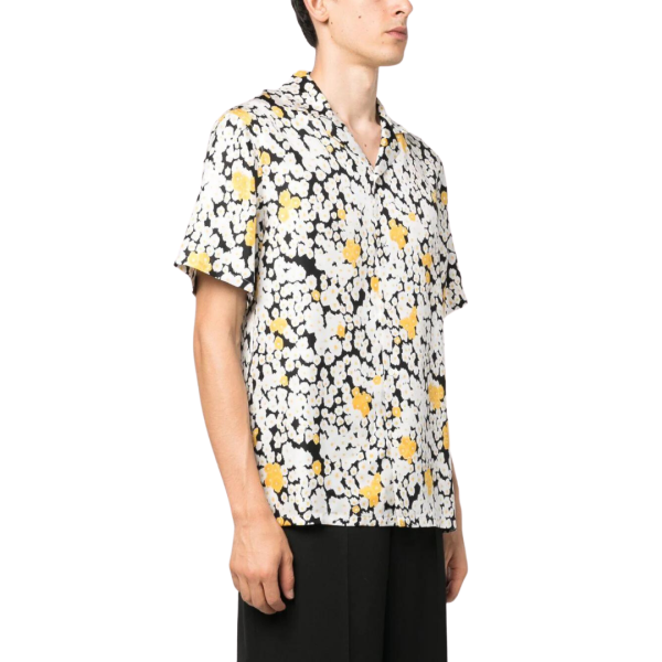 Chemise LANVIN manches courtes soie noire imprimé floral blanc jaune