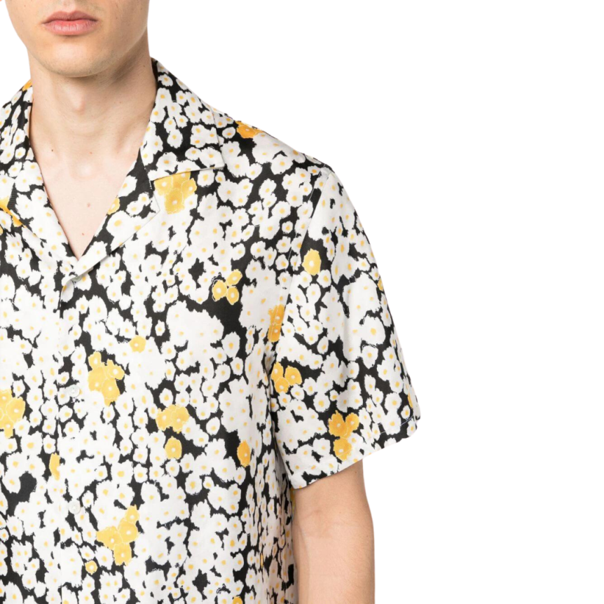 Chemise LANVIN manches courtes soie noire imprimé floral blanc jaune