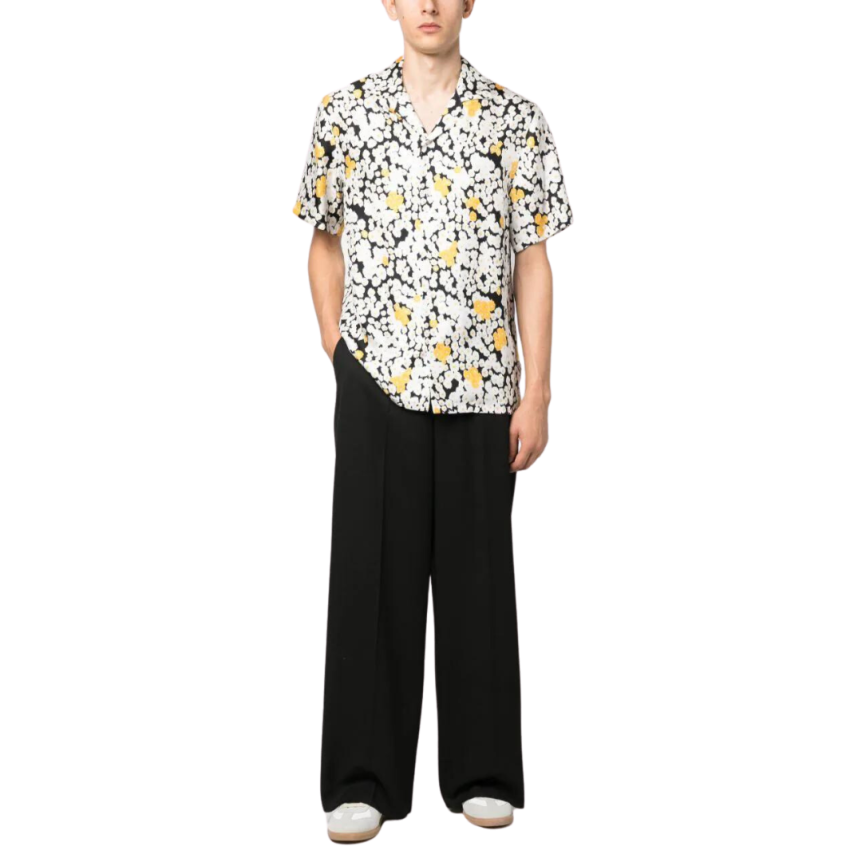 Chemise LANVIN manches courtes soie noire imprimé floral blanc jaune