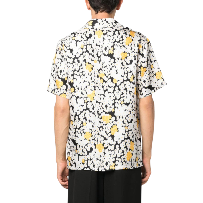 Chemise LANVIN manches courtes soie noire imprimé floral blanc jaune