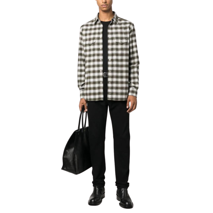 Chemise TOM FORD Western coton carreaux Vichy Gris beige