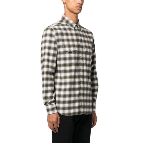 Chemise TOM FORD Western coton carreaux Vichy Gris beige