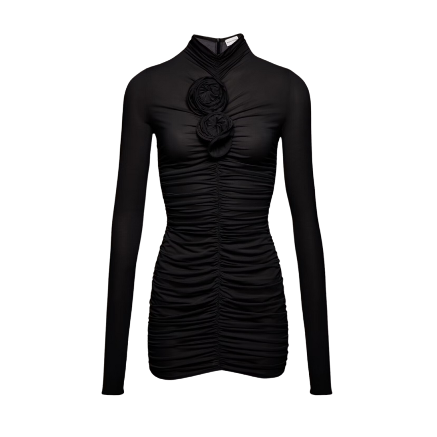 Robe courte MAGDA BUTRYM col montant drapée noire fleurs