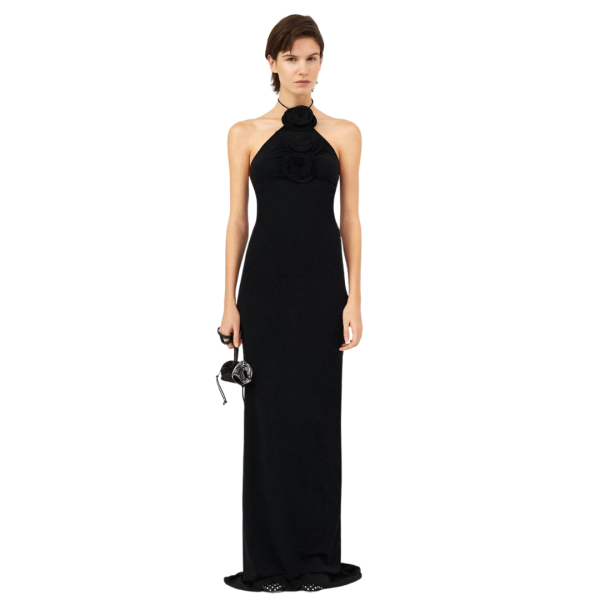 Robe extra longue MAGDA BUTRYM dos nu fleurs lacets encolure noir