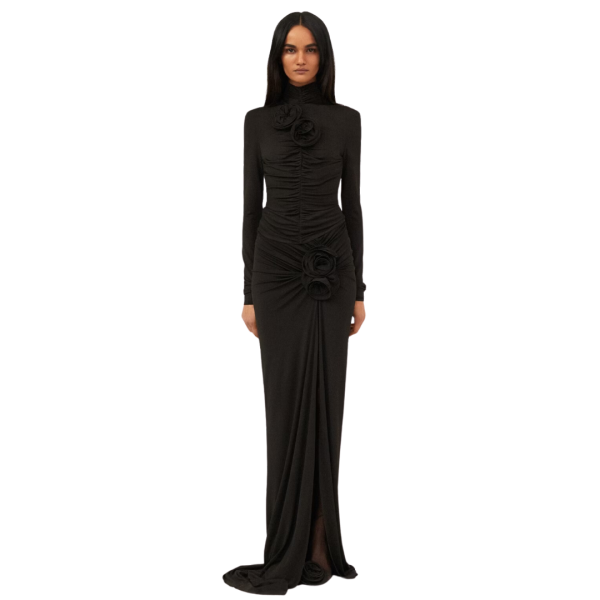 Top manches longues MAGDA BUTRYM col montant fleurs drapé marron foncé