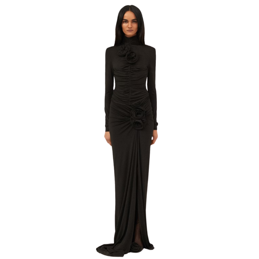 Top manches longues MAGDA BUTRYM col montant fleurs drapé marron foncé