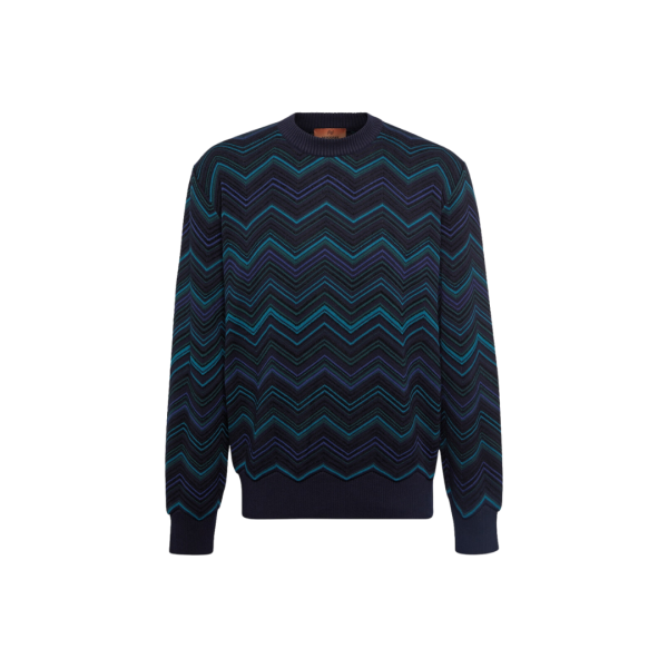 Pull col rond MISSONI coton mélangé noir zig zag bleu