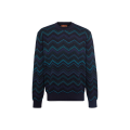 Pull col rond coton mélangé noir zig zag bleu