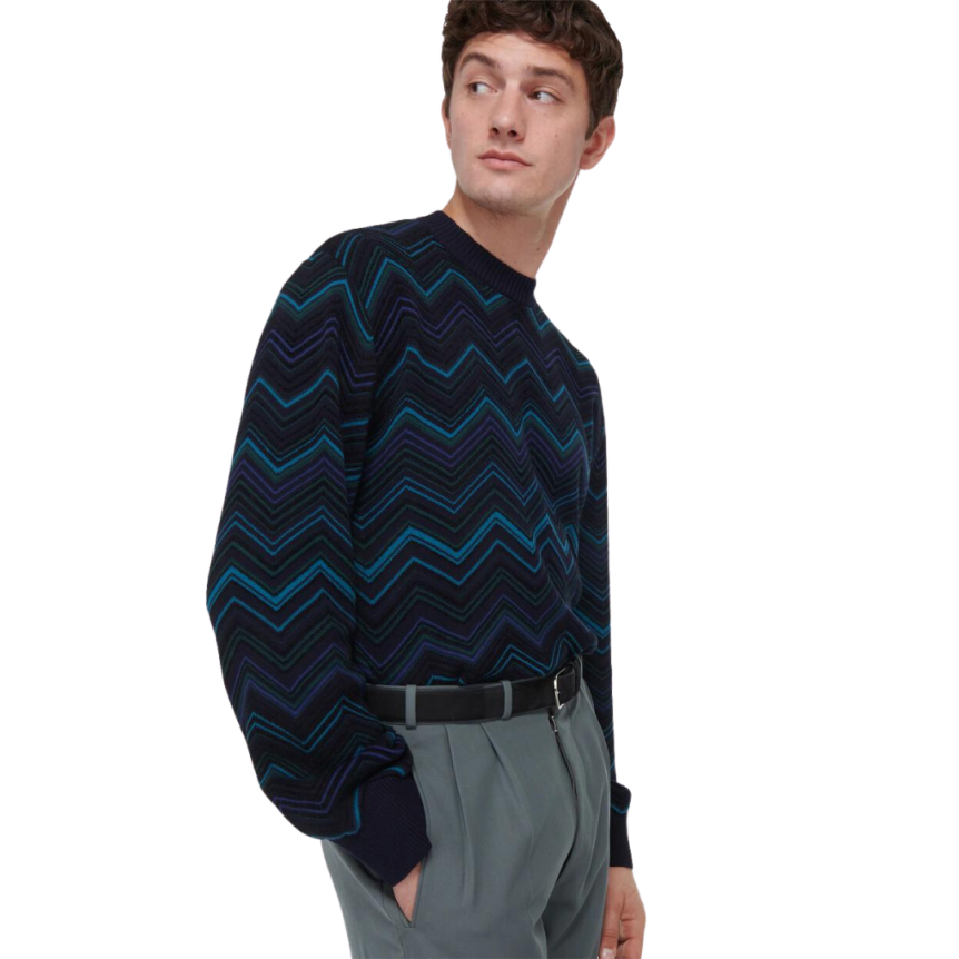 Pull col rond MISSONI coton mélangé noir zig zag bleu