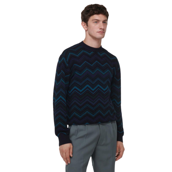 Pull col rond MISSONI coton mélangé noir zig zag bleu