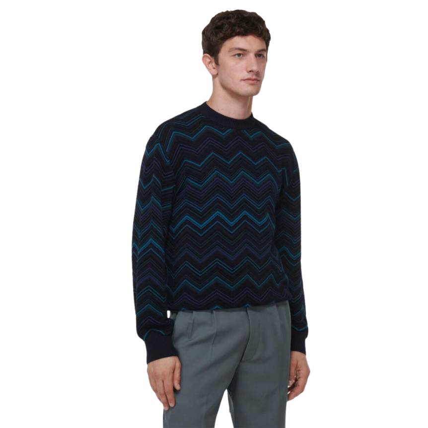 Pull col rond MISSONI coton mélangé noir zig zag bleu
