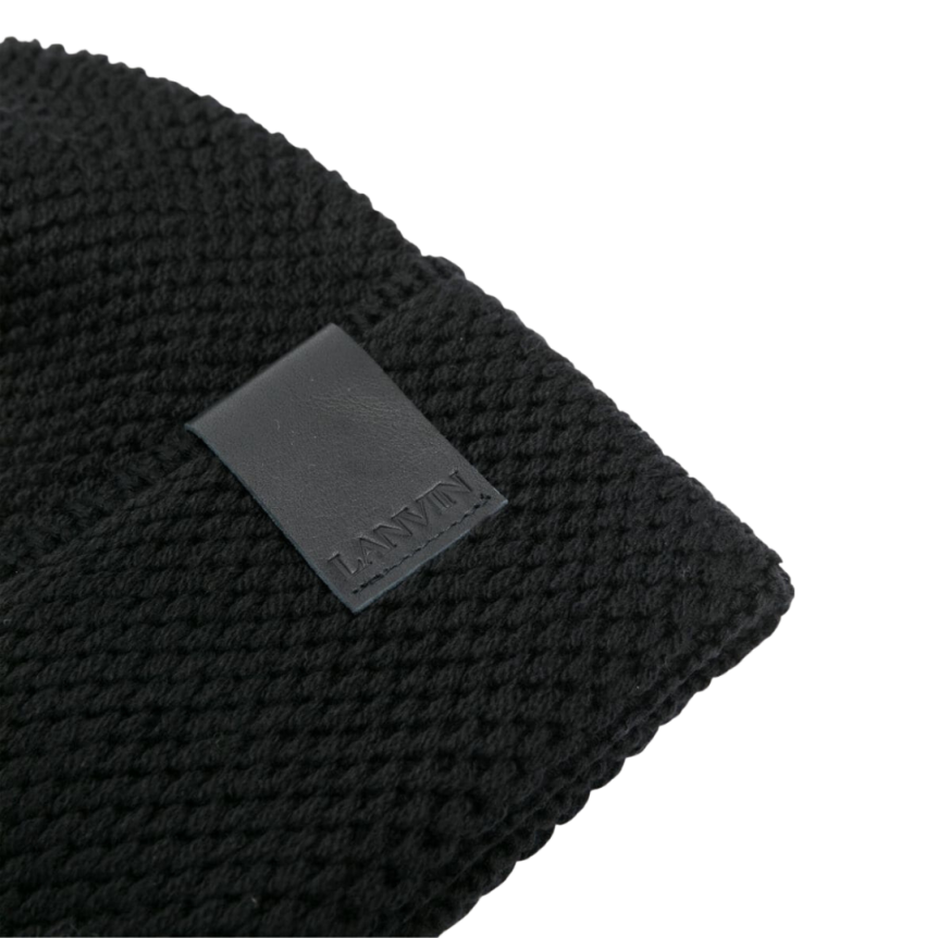 Bonnet LANVIN laine noire patch logo cuir