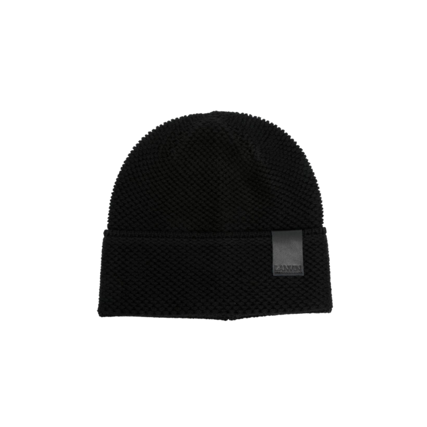 Bonnet LANVIN laine noire patch logo cuir