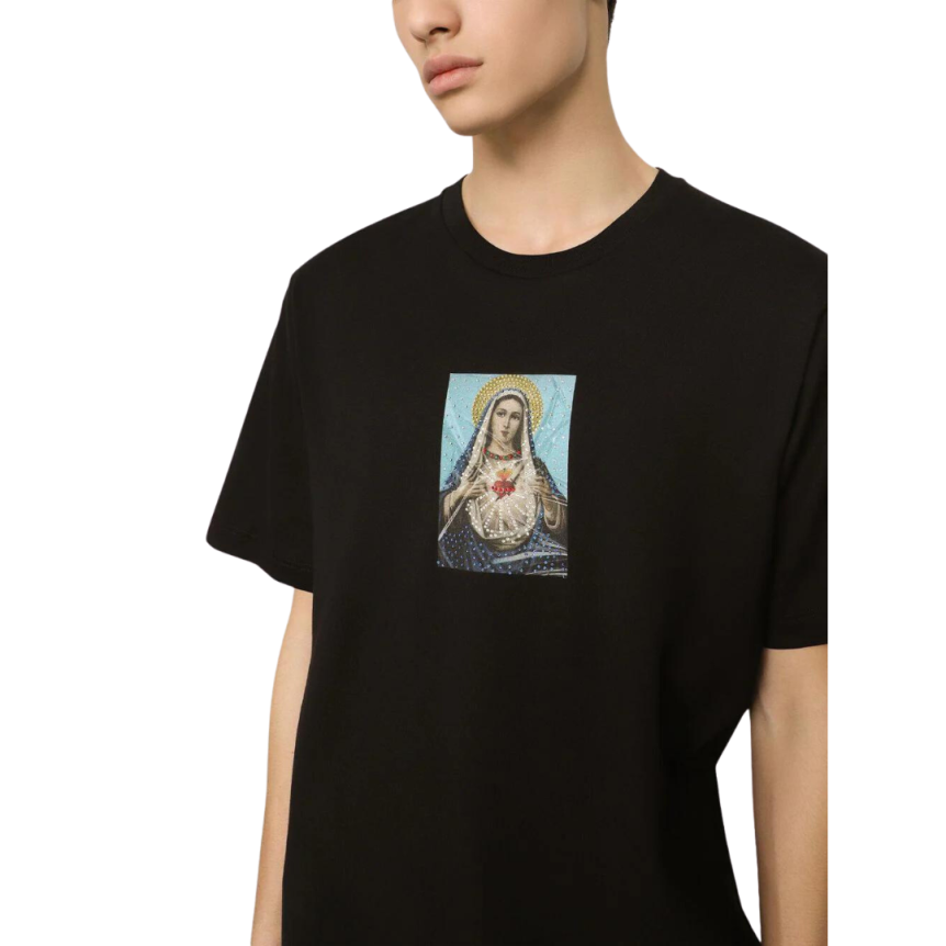 T-shirt DOLCE & GABBANA col rond coton imprimé graphique Vierge Strass