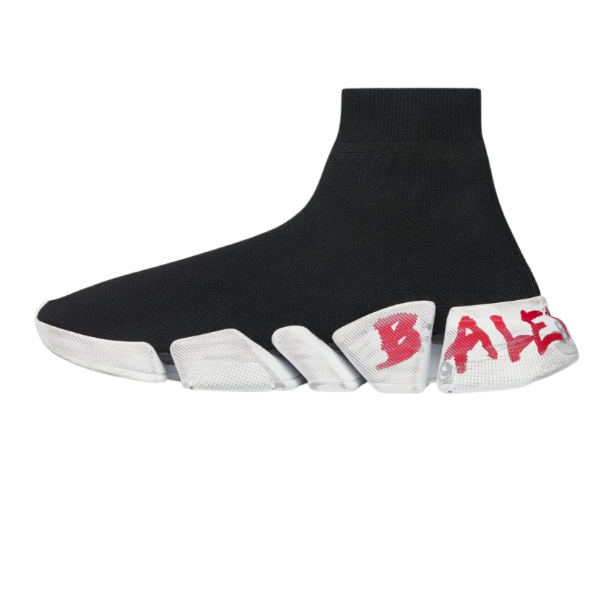 Sneaker BALENCIAGA Speed 2.0 Graffiti maille recyclée noire semelle blanc rouge