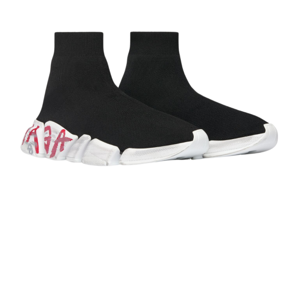 Sneaker BALENCIAGA Speed 2.0 Graffiti maille recyclée noire semelle blanc rouge