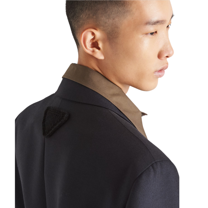 Veste droite en laine mohair bleu marine col marron