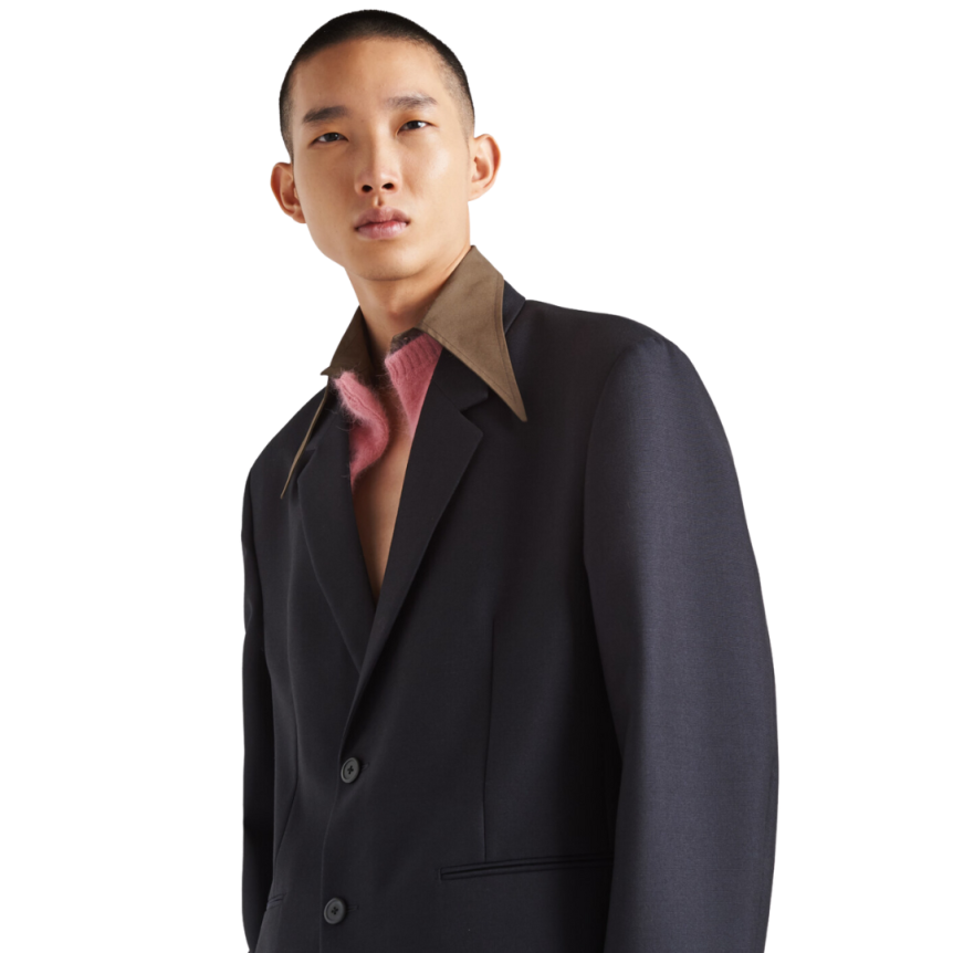 Veste droite en laine mohair bleu marine col marron