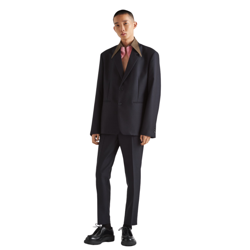 Veste droite en laine mohair bleu marine col marron