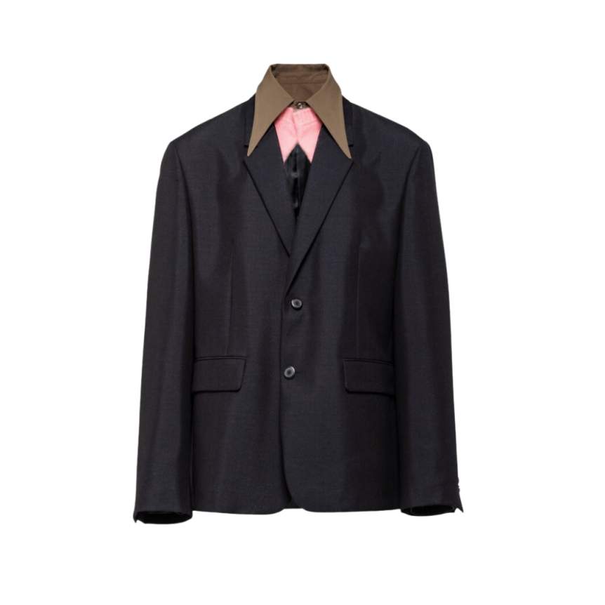 Veste droite en laine mohair bleu marine col marron