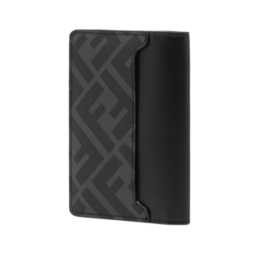 Porte-cartes compact à rabat FENDI cuir noir Tissu FF gris
