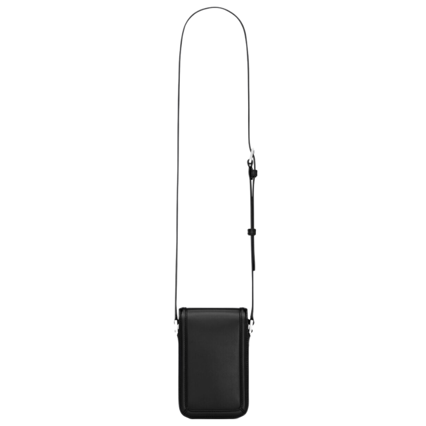 SAINT LAURENT Mini sac smartphone Solferino rabat avant cuir glacé noir fermoir YSL argenté