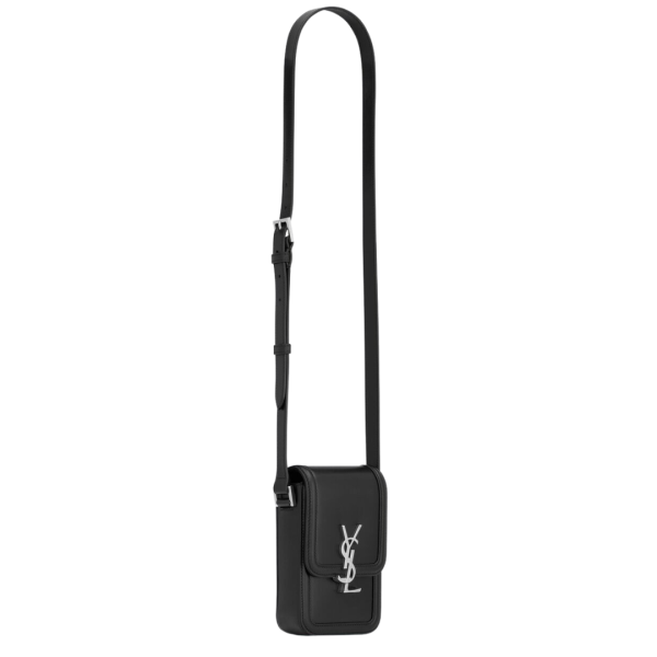 SAINT LAURENT Mini sac smartphone Solferino rabat avant cuir glacé noir fermoir YSL argenté